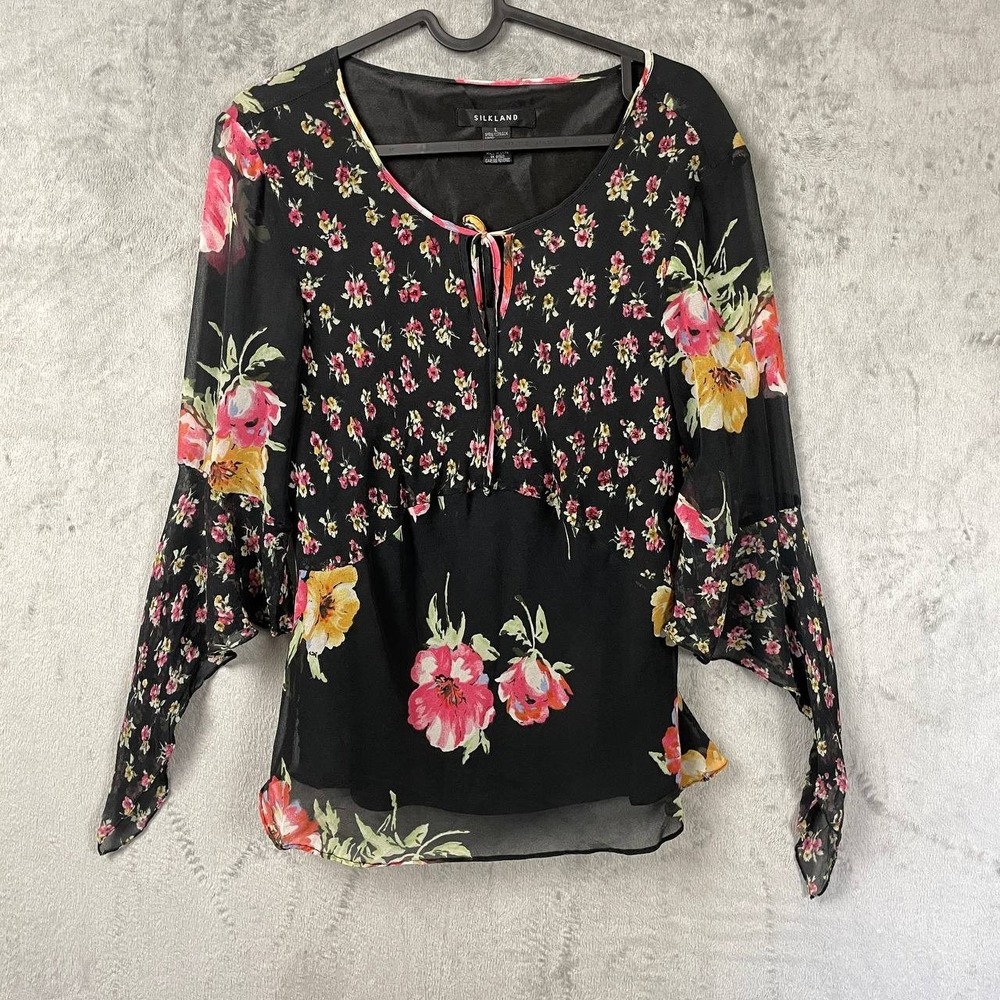 100% Silk Black Floral Sheer Flared Sleeve Top Size Large Y2K Fairy